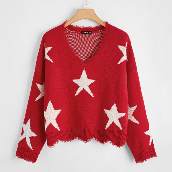 

Plus Star Pattern Distressed Sweater, Red