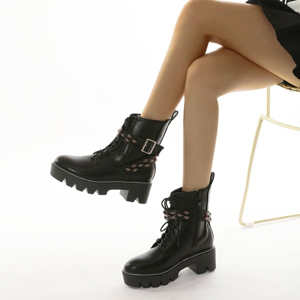 

Studded & Buckle Decor Combat Boots, Black
