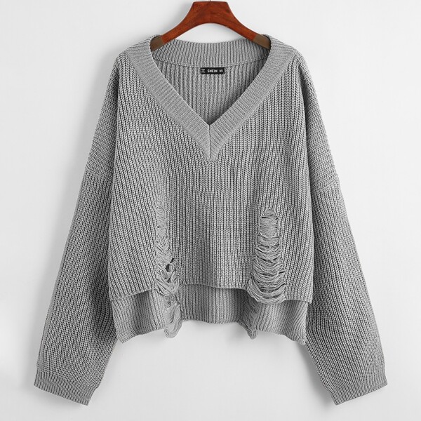 

Plus Ripped High Low Sweater, Grey