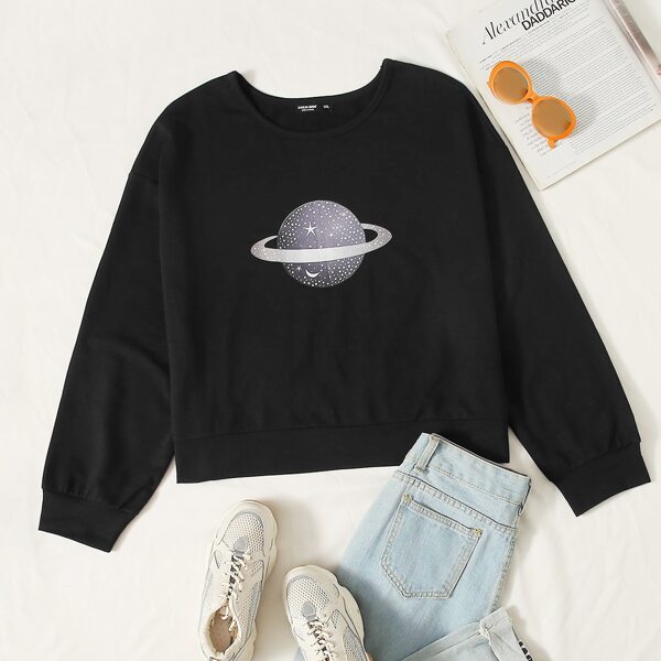 

Plus Planet Print Drop Shoulder Sweatshirt, Black