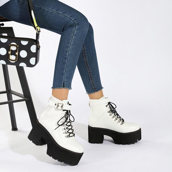 

Buckle Decor Lace-up Front Combat Boots, White