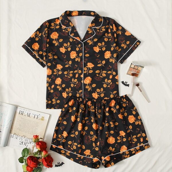 

Plus Lapel Collar Floral Print Pajama Set, Multicolor