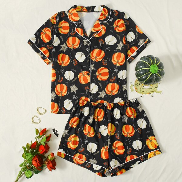 

Plus Lapel Collar Pumpkin Print Pajama Set, Multicolor
