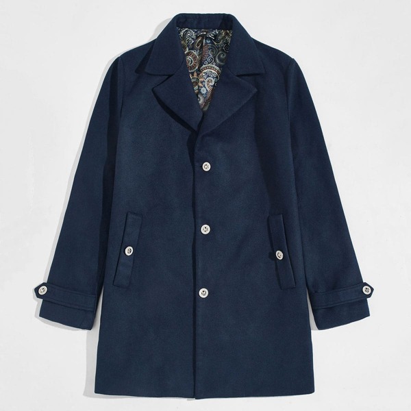 

Men Notched Collar Buttoned Front Coat, Navy blue