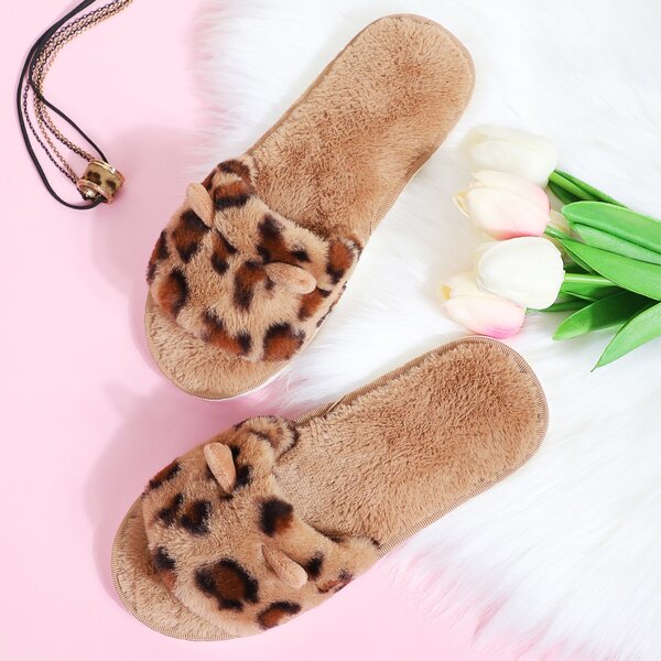 

Bow Decor Leopard Fluffy Slippers, Coffee brown