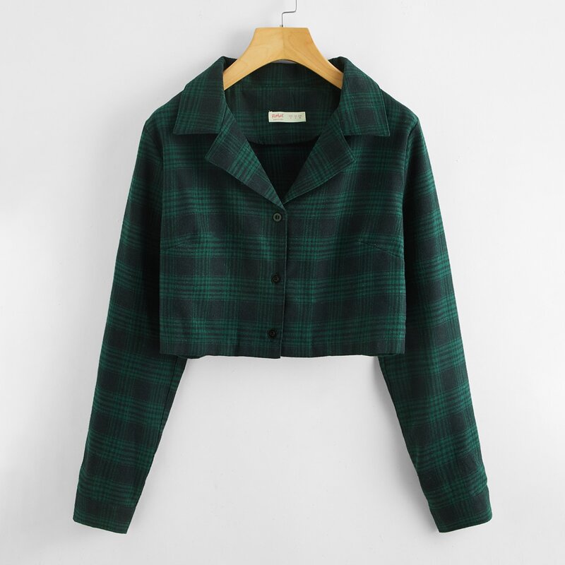 

Plaid Button Front Crop Blouse, Dark green