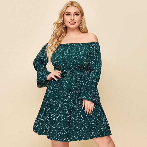 

Plus Polka Dot Belted Bardot Dress, Dark green