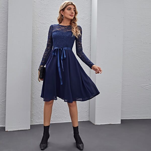 

Lace Bodice Self Belted Dress, Navy blue