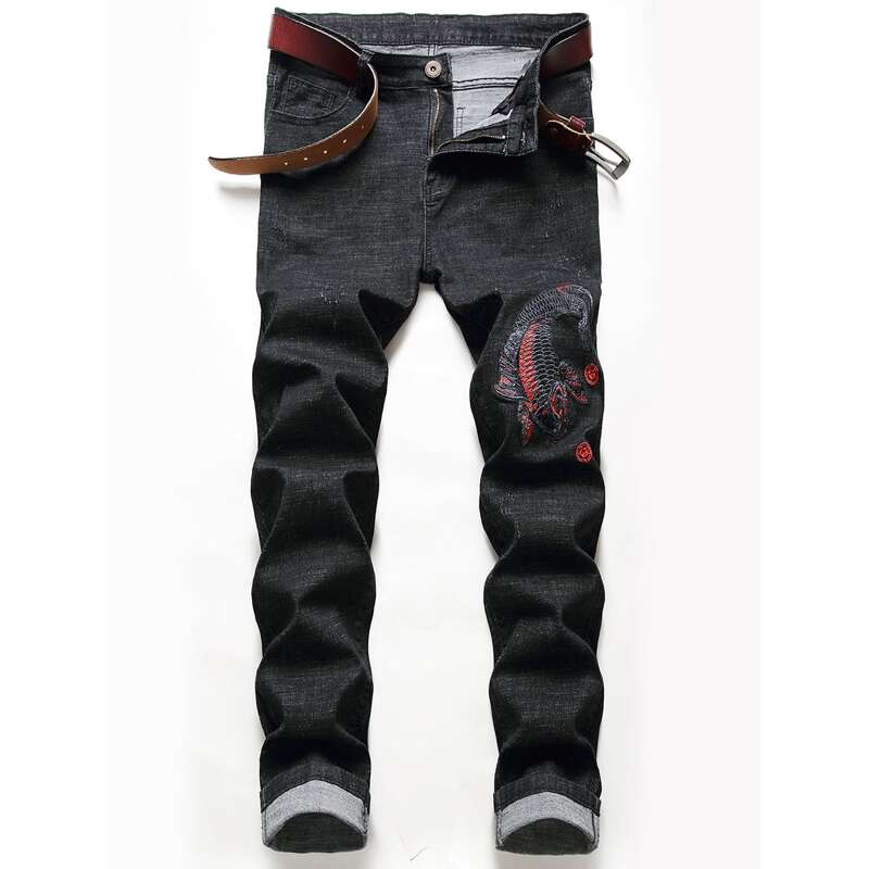 

Guys Fish Embroidery Jeans, Black