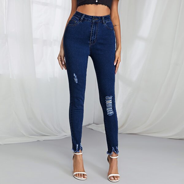

High Stretch Distressed Skinny Jeans, Dark wash