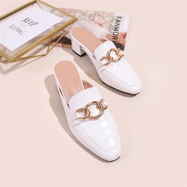 

Chain Decor Croc Embossed Chunky Heeled Mules, White