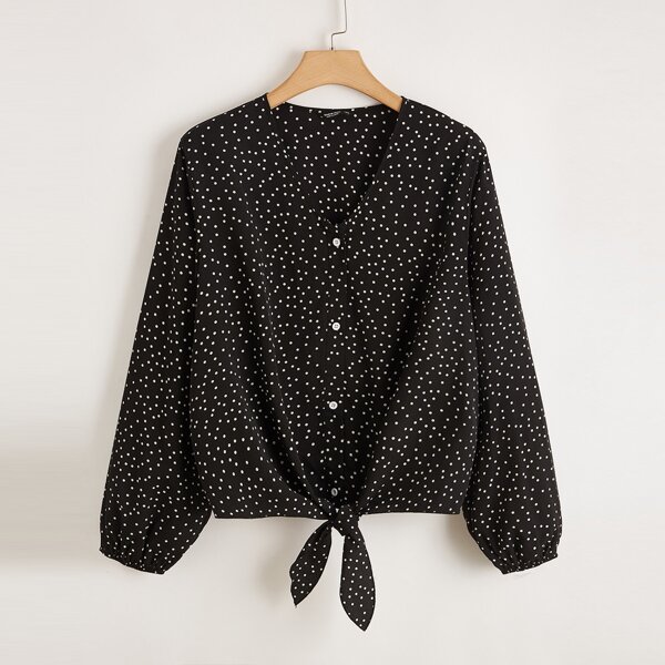 

Plus Knot Hem Button Front Polka Dot Blouse, Black