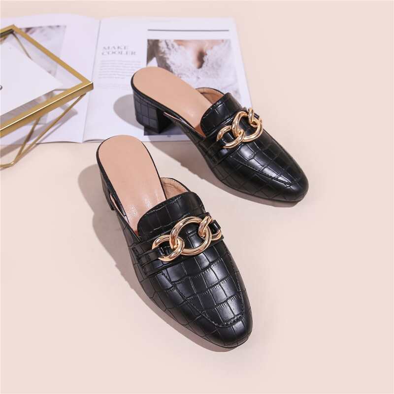 

Chain Decor Croc Embossed Chunky Heeled Mules, Black