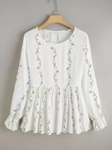 SHEIN LUNE Plus Plants Embroidery Peplum Blouse - White - View 1