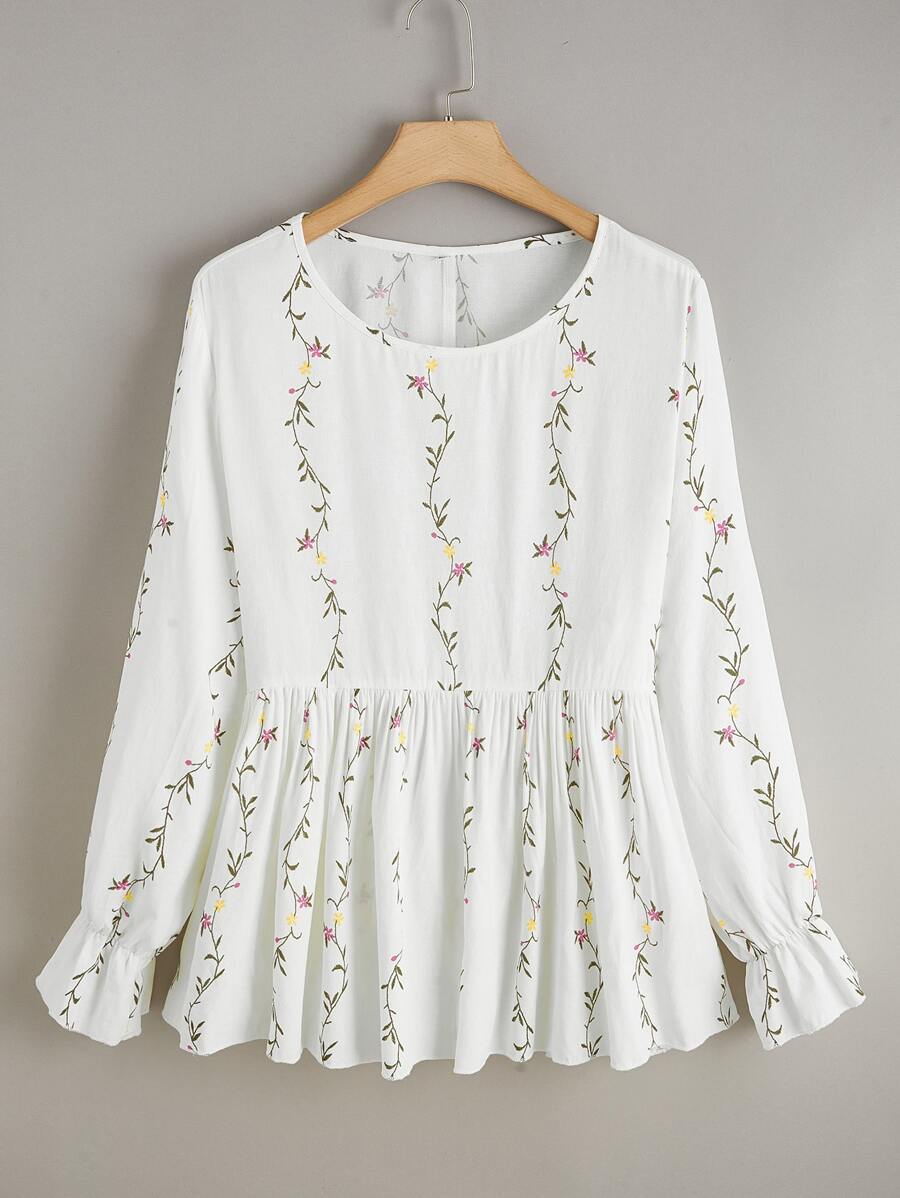 SHEIN LUNE Plus Plants Embroidery Peplum Blouse - White - View 1