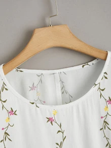 SHEIN LUNE Plus Plants Embroidery Peplum Blouse - White - View 4