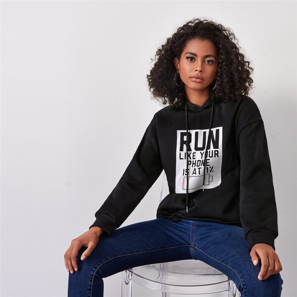 

Drop Shoulder Slogan Graphic Drawstring Fuzzy Lining Hoodie, Black