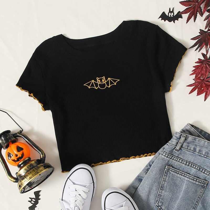 

Halloween Cartoon Embroidery Lettuce Trim Tee, Black