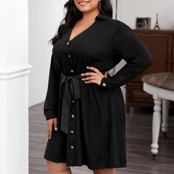 

Plus V Neck Collar Button Front Belted Dress, Black