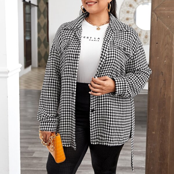 

Plus Houndstooth Drop Shoulder Overshirt, Black and white