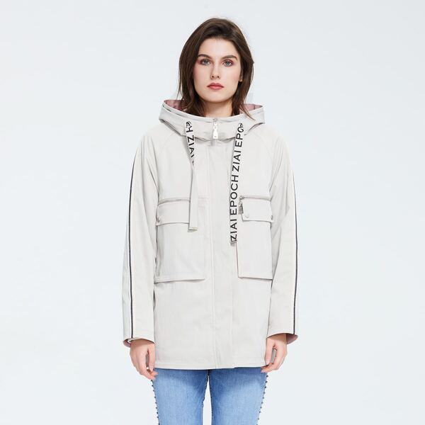 

Flap Pocket Letter Tape Hooded Coat, Beige