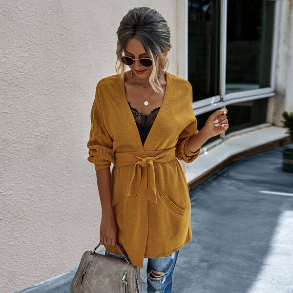 

Pocket Side Belted Drop Shoulder Cardigan, Mustard yellow