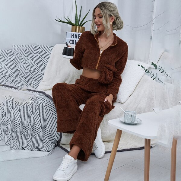 

Zipper Up Patched Pocket Crop Flannel Jacket & Pants, Coffee brown
