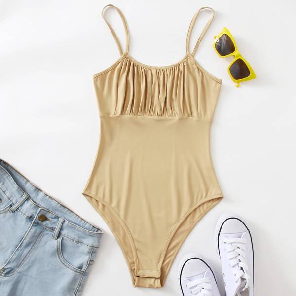 

Plus Ruched Bust Solid Cami Bodysuit, Apricot