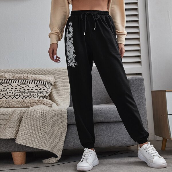 

Chinese Dragon Graphic Drawstring Waist Sweatpants, Black