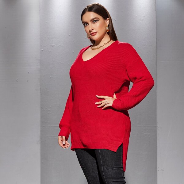 

Plus High Low Drop Shoulder Sweater, Red