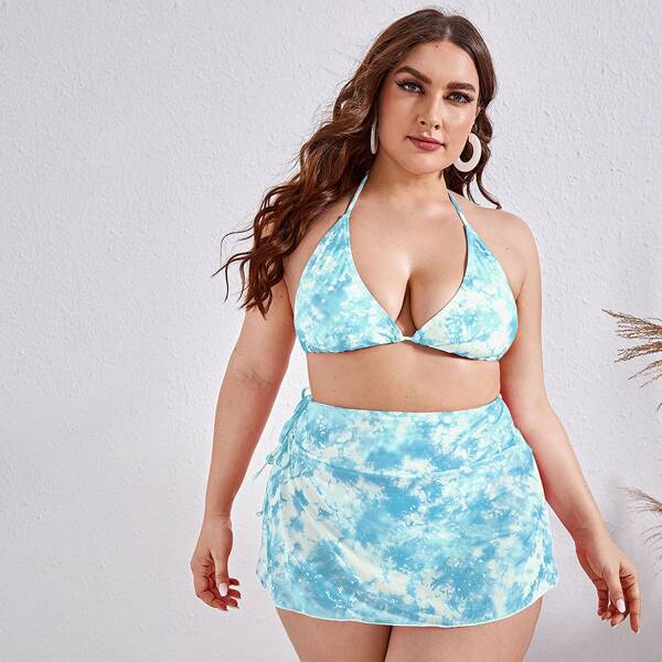 

3pack Plus Tie Dye Halter Bikini Swimsuit & Beach Skirt, Blue and white