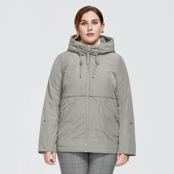 

Astrid Plus Zip Up Drawstring Hooded Coat, Grey