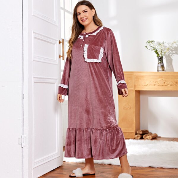 

Plus Contrast Schiffy Pocket Front Ruffle Hem Velvet Nightdress, Dusty pink