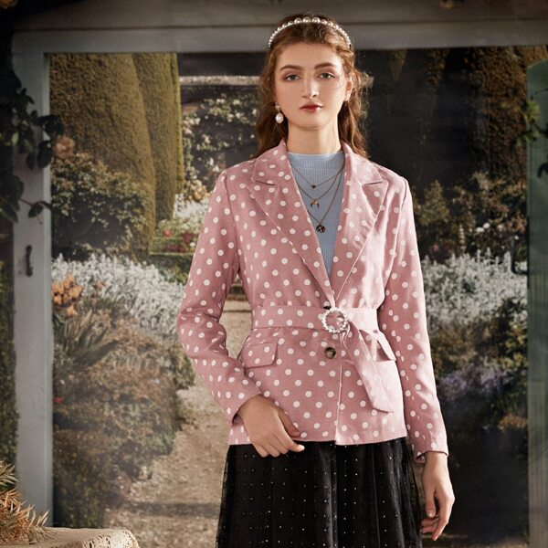 

Polka Dot Belted Button Blazer, Dusty pink