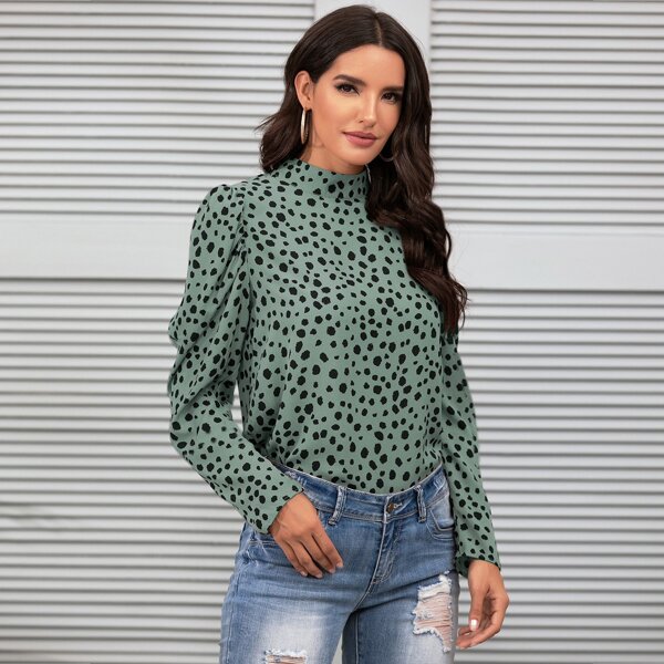 

Dalmatian Print Mock Neck Blouse, Green