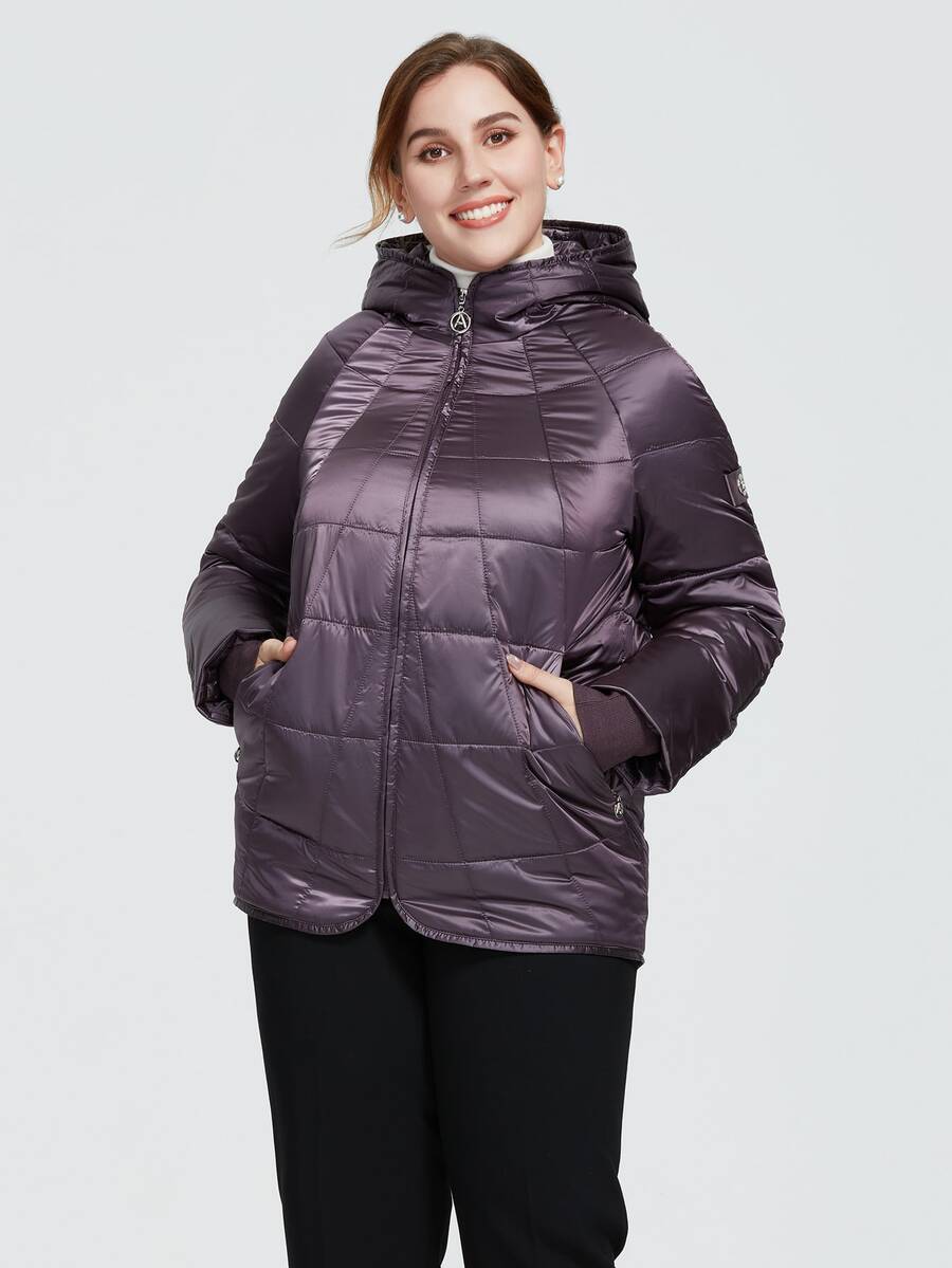 Abrigo acolchado con capucha, manga raglán y cremallera, talla grande, de Astrid - Morado - Ver 1