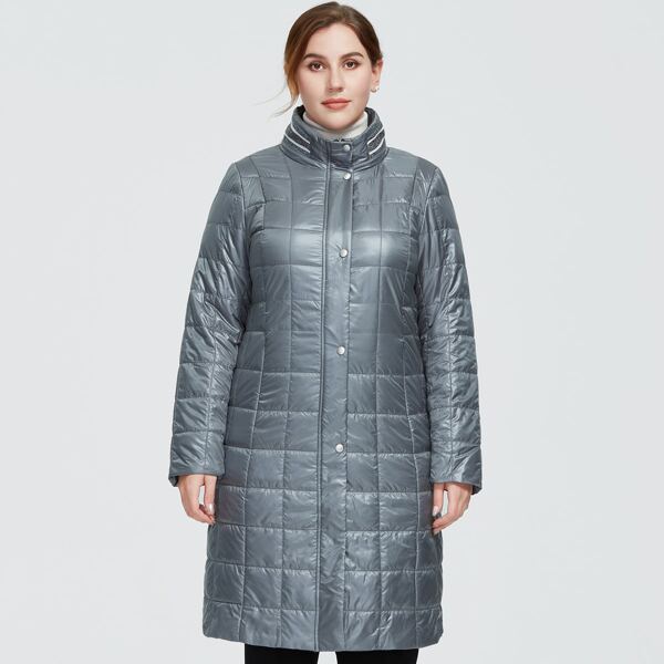 

Astrid Plus Tape Detail Stand Collar Zip Up Padded Coat, Dusty blue