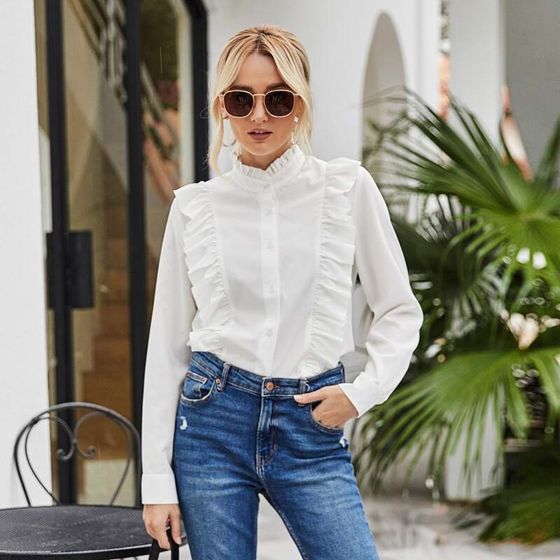 

Solid Ruffle Trim Button Up Blouse, White