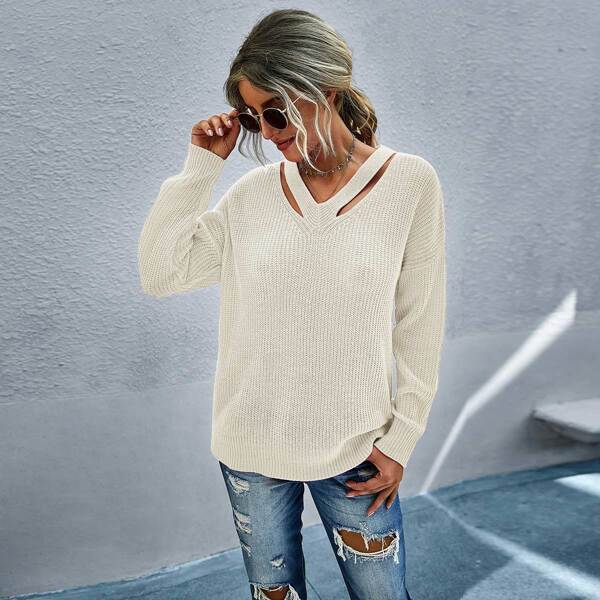 

Cut Out Drop Shoulder Sweater, Beige