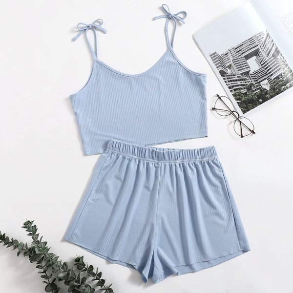 

Knot Shoulder Solid Cami Lounge Set, Baby blue