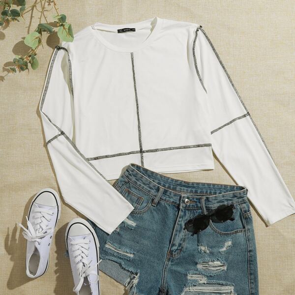 

Plus Contrast Stitch Crop Tee, White