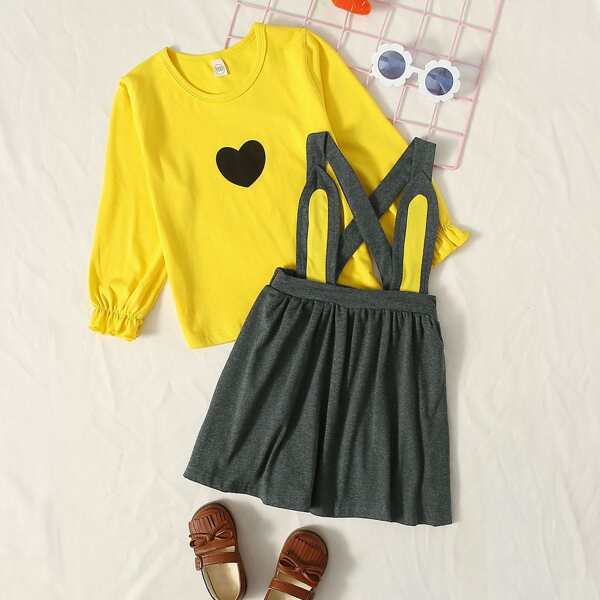 

Toddler Girls Heart Print Tee With Pinafore Skirt, Multicolor