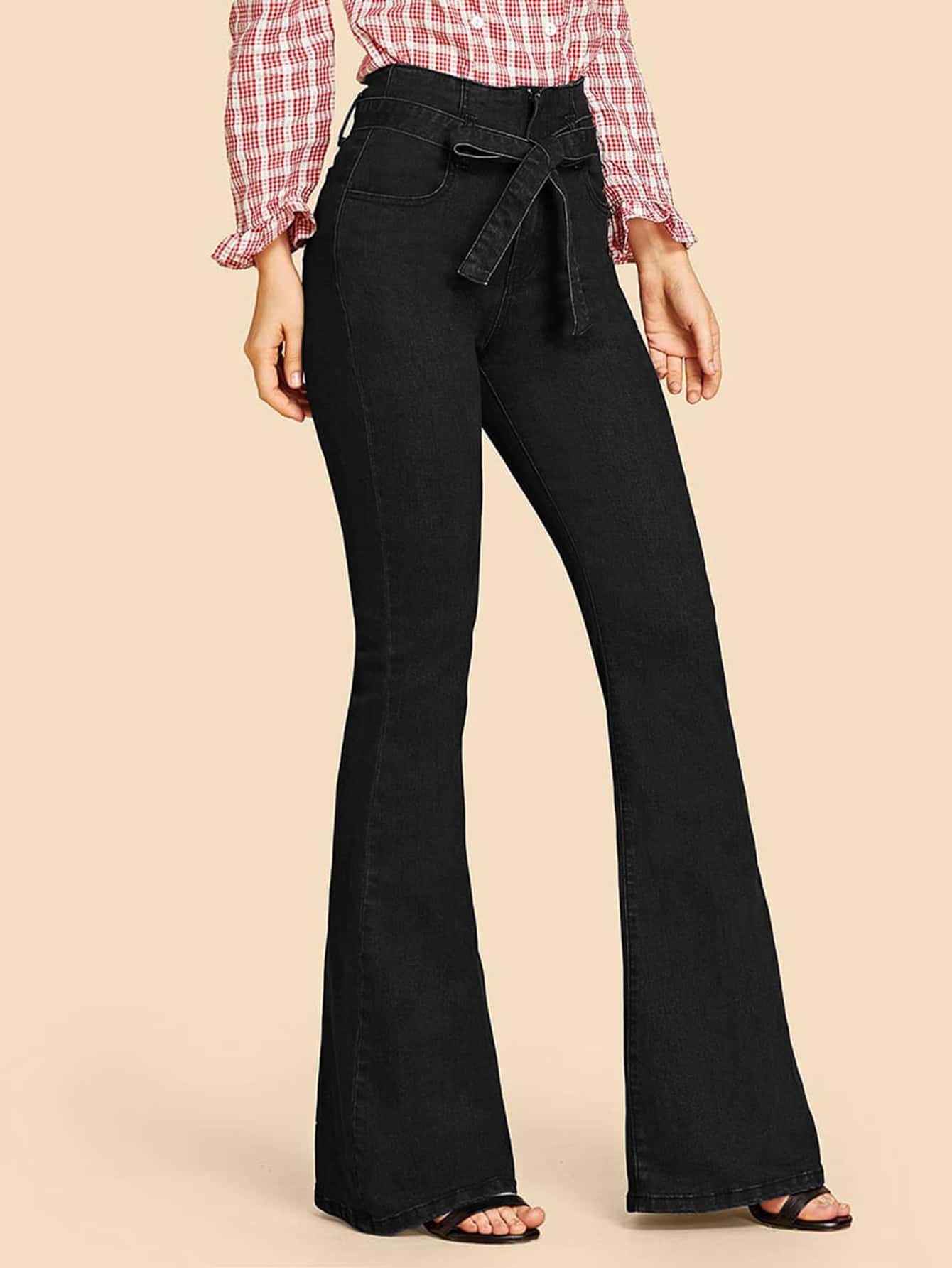 High Waisted Tie Waist Flare Leg Jeans - Black - View 1