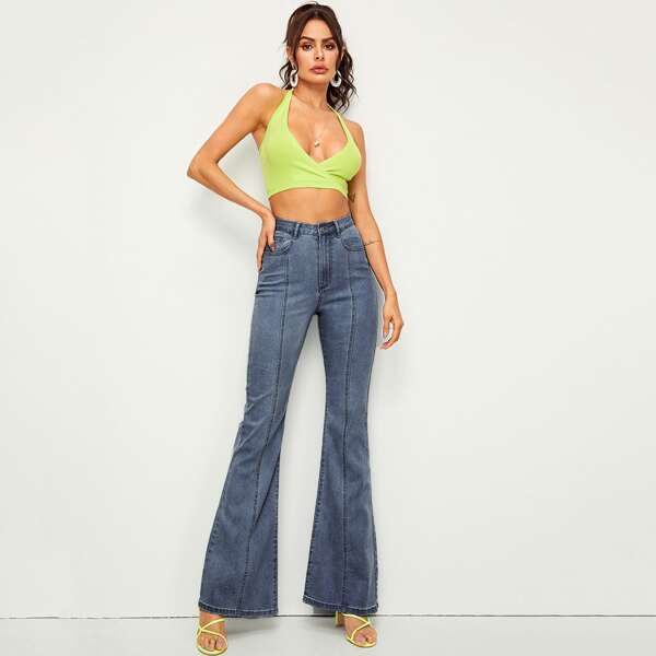 

Bleach Wash High-Rise Flare Leg Jeans, Dark wash