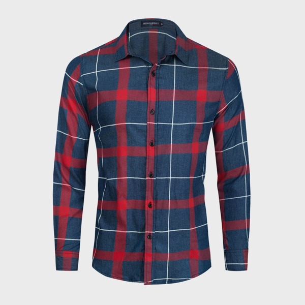 

Men Plaid Button Denim Shirt, Multicolor