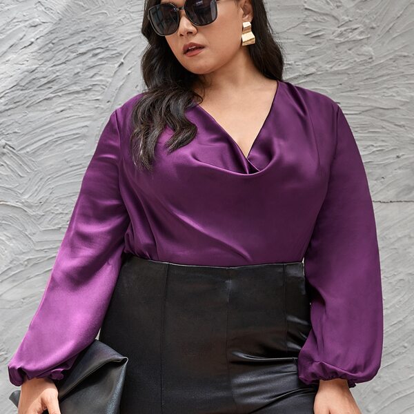 

Plus Draped Neck Lantern Sleeve Satin Top, Purple