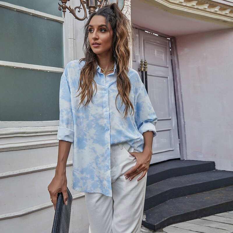 

Tie Dye Button Up Drop Shoulder Blouse, Blue and white