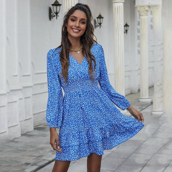

Allover Print Shirred Waist Ruffle Hem A-line Dress, Blue