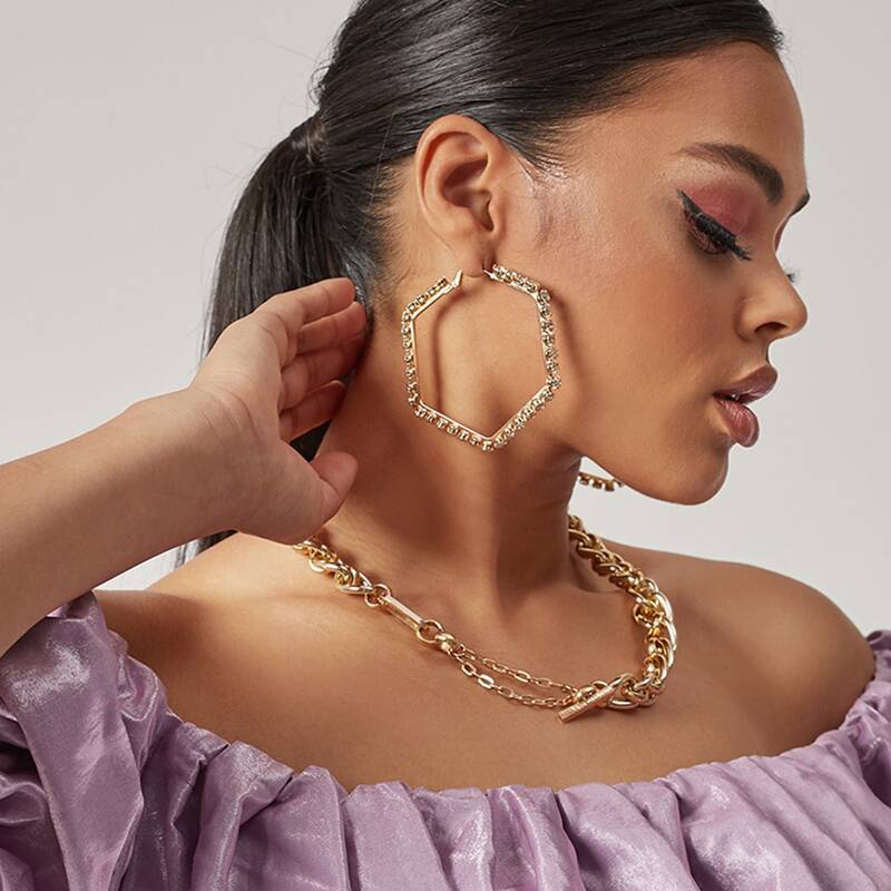 

Rhinestone Hexagon Hoop Earrings, Gold