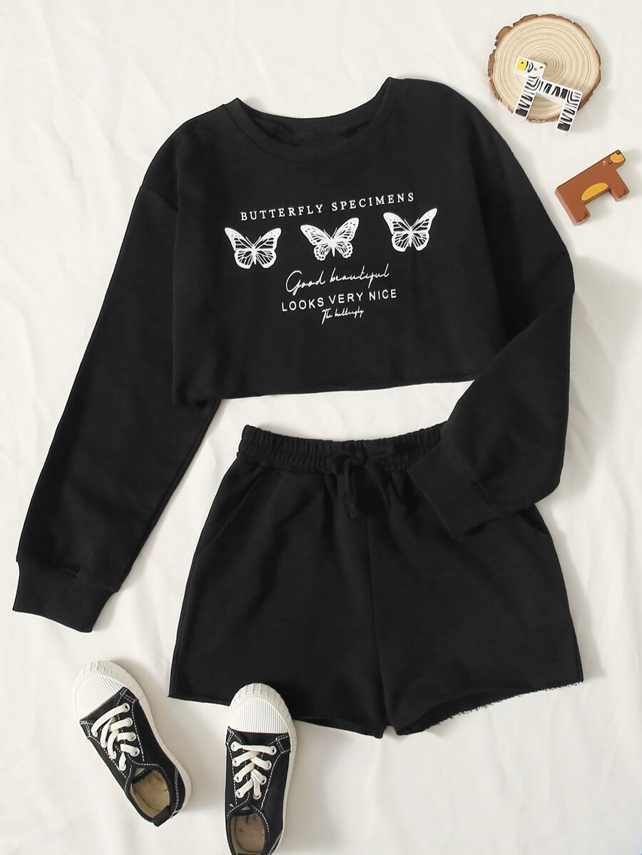 SHEIN 女孩落肩蝴蝶和標語圖案套頭衫和短褲套裝 - 黑色 - 查看 1